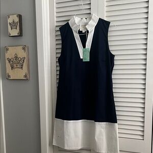 Sail to Sable sleeveless navy & white dress
